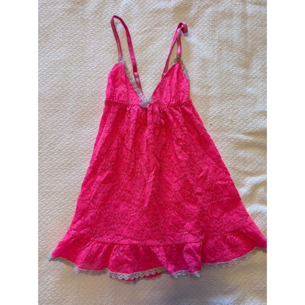 Victorias Secret Neon Pink Floral Lace Babydoll Chemise Lingerie Dress Medium